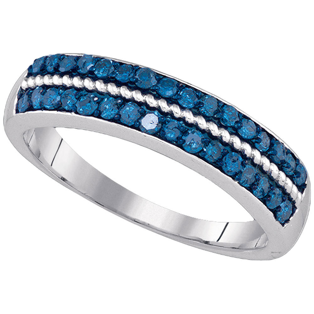 10k White Gold Womens Round Blue Color Enhanced Diamond Band Fashion Ring 1/2