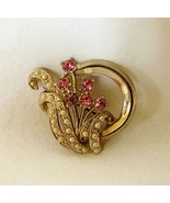 Pink Flower Pin Brooch Rhinestones White Faux Pearls Gold Tone Metal Vin... - $25.00