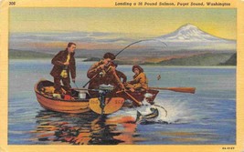 Salmon Fishing Outboard Motor Boat Puget Sound Washington 1952 linen postcard - £5.04 GBP