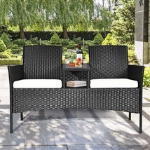 Outdoor Loveseat, 2 Seats Chair With Table, Cushions, Tempered Glass, White - $155.99