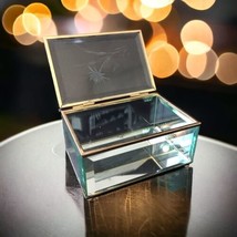 Beveled Etched Glass Jewelry Box Trinket Floral Footed Mirrored Base Brass Trim - £20.10 GBP