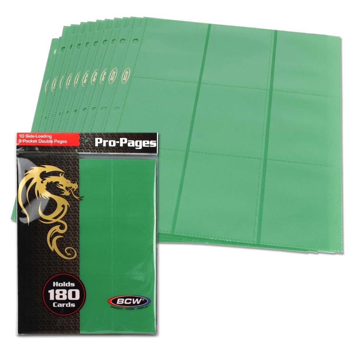1 pack of 10 BCW Std Card Sized 18-Pocket Side Loading Bold Green Pro Binder Pgs