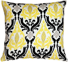 Linen Damask Print Yellow Black 18x18 Throw Pillow, with Polyfill Insert - £39.80 GBP