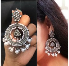Bollywood antique Silver Gray Earrings Bridal Chandbali Jewelry Pearl Kundan Set - £22.77 GBP