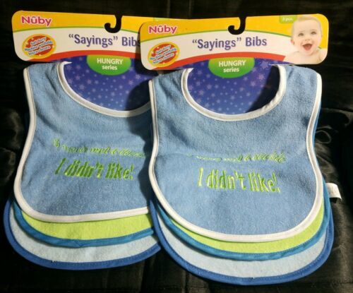 2x Nuby Sayings Bibs 2 Sets of 3 Pack Hungry Series Terry Cloth Velcro Washable - $16.95
