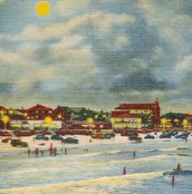 c1930 Moon Over Daytona Beach Florida Vintage Linen Postcard Cars Night - £19.07 GBP