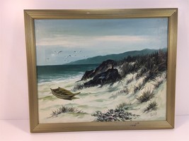 Vintage Framed Landscape Oil Painting - Beach Boat Seagulls Mountain Lind 22x18 - $79.99