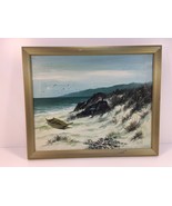 Vintage Framed Landscape Oil Painting - Beach Boat Seagulls Mountain Lin... - £63.94 GBP