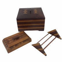 Vintage Inlayed Marquetry Folk Tramp Art Wooden Desk Set Box Caddy Holder Named - £48.58 GBP