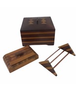 Vintage Inlayed Marquetry Folk Tramp Art Wooden Desk Set Box Caddy Holde... - $79.95 CAD