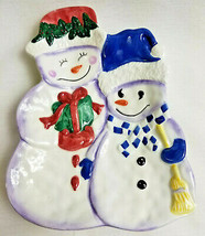 Smiling Snowmen Holiday Christmas Ceramic Bowl Candy Nut Dish Handcrafted 1999  - £20.43 GBP