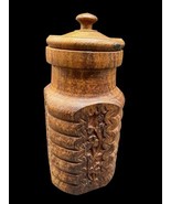 Vintage Carved Wood Storage Jar Wooden 5&quot; Brown Lid Apothecary Antique - $62.43 CAD