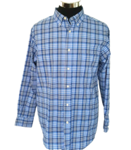 Haggar Shirt Men&#39;s Size Medium Button Front Stretch Blue White Plaid Long Sleeve - £14.79 GBP
