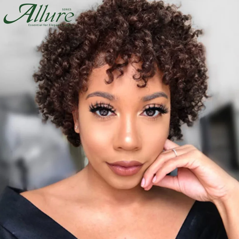 Short Brown Afro Curly Human Hair Wigs For Black Women Afro Kinky Puff Hum - $41.20