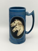 Horse heads Embossed Ceramic tall  Blue mug stein japan by Arrow, Equestrian - £12.02 GBP