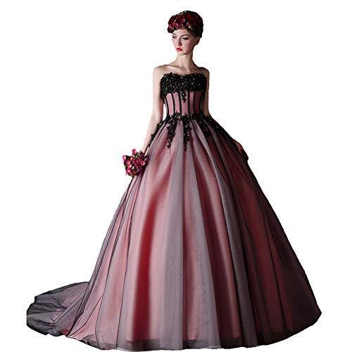 Kivary Vintage Black Tulle Beaded Lace Long Gothic Prom Wedding Dress Skin Pink