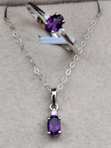 Amethyst / Moissanite Ring &amp; Pendant Necklace in Platinum Over Sterling Sz 8.75 - £31.43 GBP