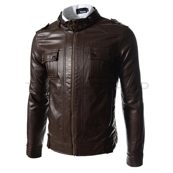 MEN SLIM FITT LEATHER JACKET, BROWN BELTED COLLAR LEATHER JACKETS, MEN'S JACKETS