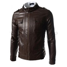Men Slim Fitt Leather Jacket, Brown Belted Collar Leather Jackets, Men&#39;s Jackets - £113.22 GBP
