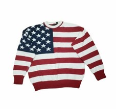 Vintage 100% Cotton Sweater American Flag Red White Blue Stars Stripes Boxy Sz M - £37.91 GBP