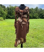 Vtg 90s Y2K Fairy 2 piece Brown Cheetah Bell Sleeves Mesh Top Suede Skirt L - £43.46 GBP