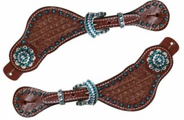 Western Horse Bling ! Tooled Leather Ladies Spur Straps w/ Crystal Rhine... - $28.80