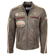 Men&#39;s Biker Two-Tone Cowhide Leather  Jacket with Badges Brown DR137 - £127.94 GBP