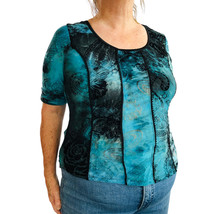 Vtg Cato Large Teal Black Tie Dye Print 3/4 Sleeve Top T-Shirt Princess Burnout - £5.42 GBP