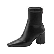 New 2020 simple PU women&#39;s boot back zipper square high heels solid pointed toe  - £39.43 GBP