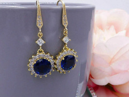 14K Yellow Gold Plated Silvr 4.35Ct Simulated Blue Sapphire Drop/Dangle Earrings - £85.43 GBP