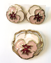 Vtg Set Avon Full Bloom Gold Tone Pink Enamel Pansy Brooch Pierced Earrings - $24.00