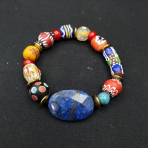 Vintage chevron African Glass beads with Beautiful Natural Lapis Lazuli Bracelet - £24.75 GBP