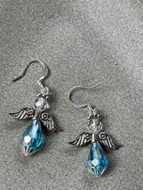 Clear &amp; Blue Bead w Silvertone Wings &amp; Endcaps ANGEL Dangle Earrings for Pierced - £10.40 GBP