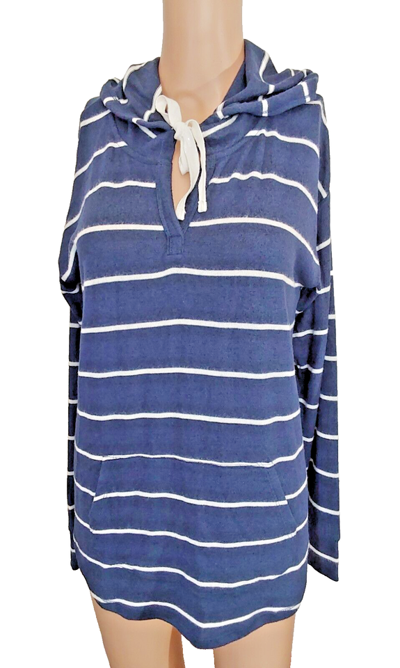 Market & Spruce Women's Navy Stripe Hoodie Pocket Kallon Knit Round Hem Sm ~ NEW