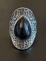 Vintage Water Drop Black Onyx Stone Silver Plated Woman Ring Size 9 - £11.84 GBP