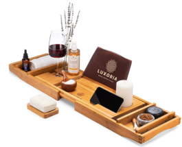 LUXORIA Expandable Bathtub Caddy Tray Water Resistant Bamboo Bath Table NEW - £44.81 GBP