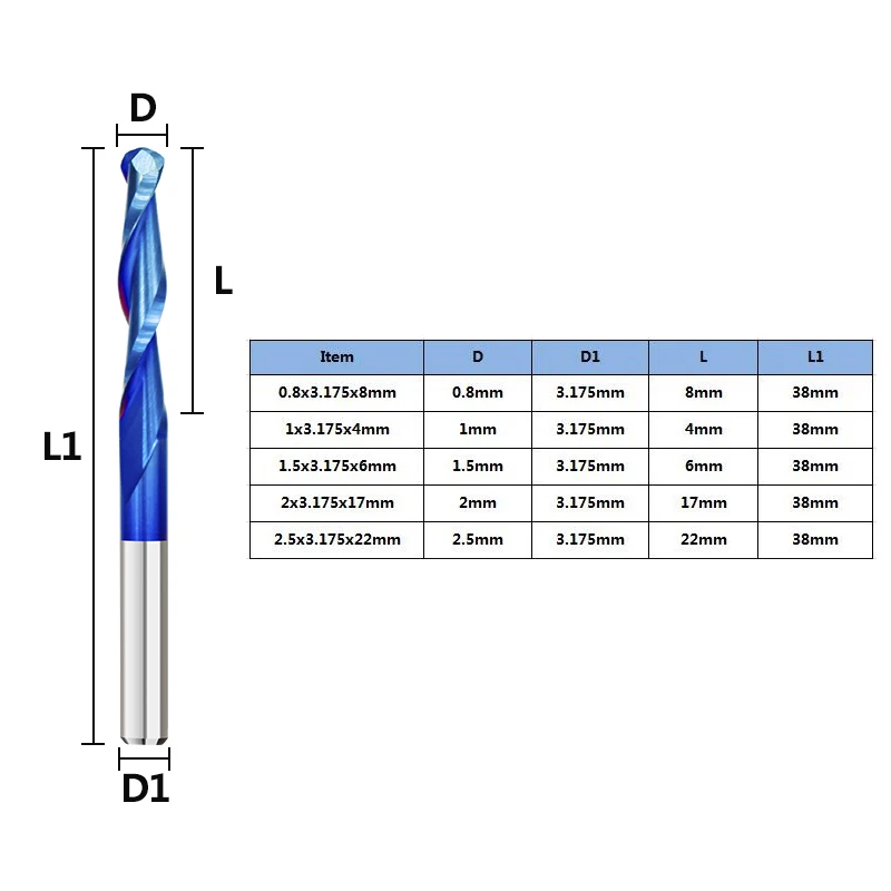10pcs Ball Nose End Mill 3.175 Shank Router Bit 0.8-2.5mm Diameter Nano ... - $5,241.61 MXN