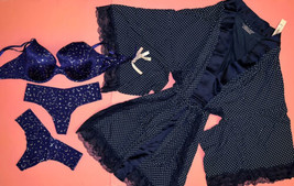 Victoria&#39;s Secret 36DDD Bra Set M+Robe Navy Blue Stars Celestial Astro Polka Dot - £103.51 GBP