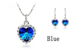 crystal Heart Necklace Earrings White GP jewelry set BLUE - $21.99