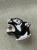 Vintage Small Black Enamel Panther Large Cat Head w Blue Rhinestone Eye Silverto - £8.99 GBP