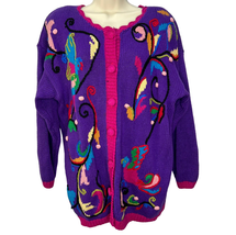 Vintage Kris Michele Chunky Knit Cardigan Sweater Birds 80s 90s Size L P... - £46.89 GBP