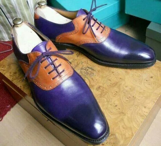 Men Two Tone Purple Tan Plain Pointed Toe Derby Genuine Leather Shoes US 7-16