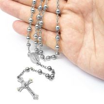 METAL ROSARY 26" Necklace 6" Drop 6mm Silver Tone Prayer Beads Catholic ... - $3.95