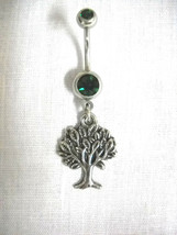 Detailed Tree Of Life Pewter Dangling Charm On 14g Emerald Green Cz Belly Ring - £4.78 GBP