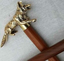 Wooden Walking Stick With Brass Wolf Head Handle Vintage Antique Gift - £32.99 GBP