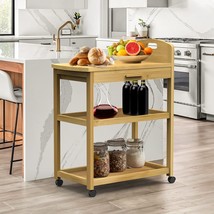 Purbambo Bamboo Rolling Kitchen Island Cart, 3 Tier Food Prepping Cart Trolley - £58.97 GBP