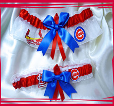 Cubs and Cardinals ~~House Divided~~ White Organza Ribbon Wedding Garters Set - £31.45 GBP