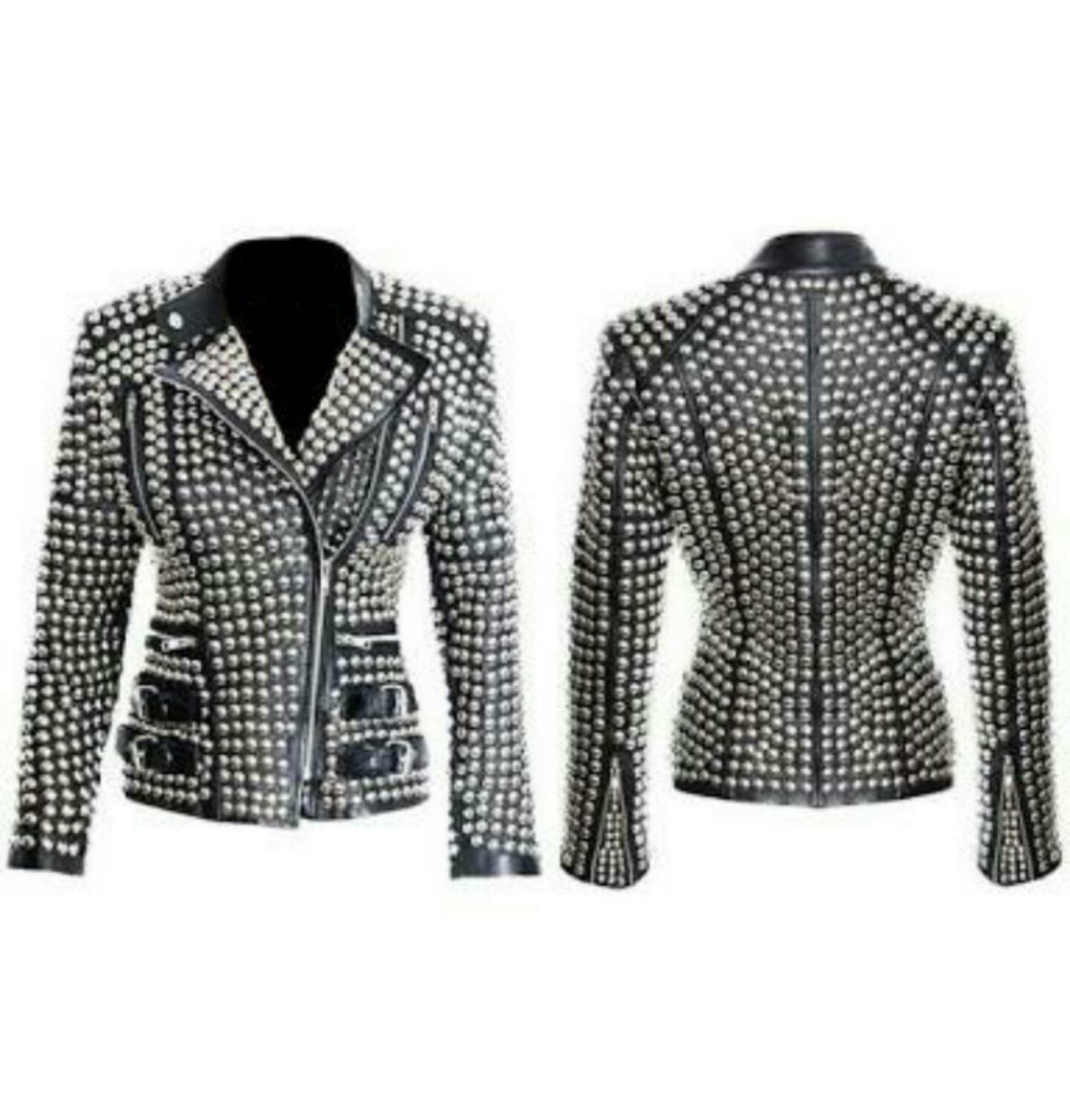 Women's Black Genuine Leather Silver Full Studded Tab Collar Belted Waist Jacket
