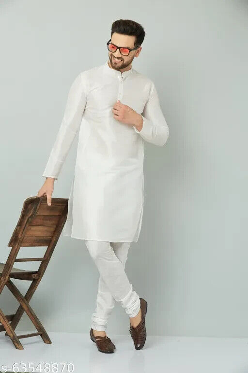 MENS KURTA &amp; PYJAMA SET FREE SHIPPING DRESS INDIAN ETHNIC PARTY WEAR Silk - $28.86
