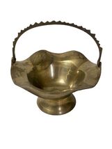 Vintage MCM Brass Pedestal Basket W/ Moveable Unique Handle Etched Ruffl... - $20.00